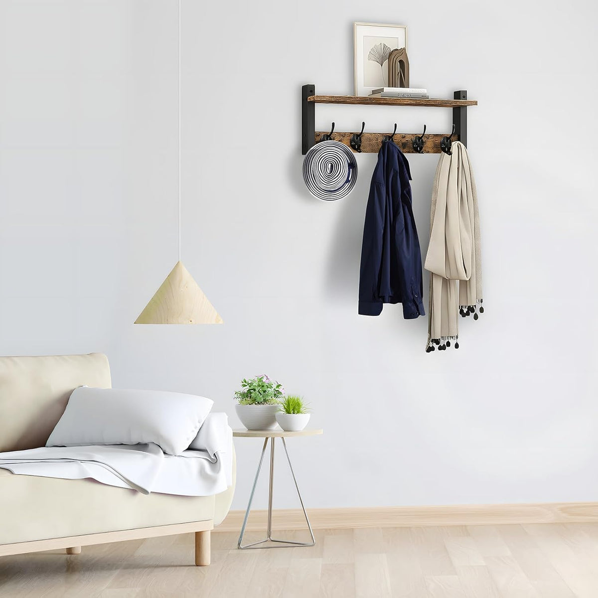 Wall-Mounted Coat Rack with Shelf and 5 Metal Hooks - Ravora