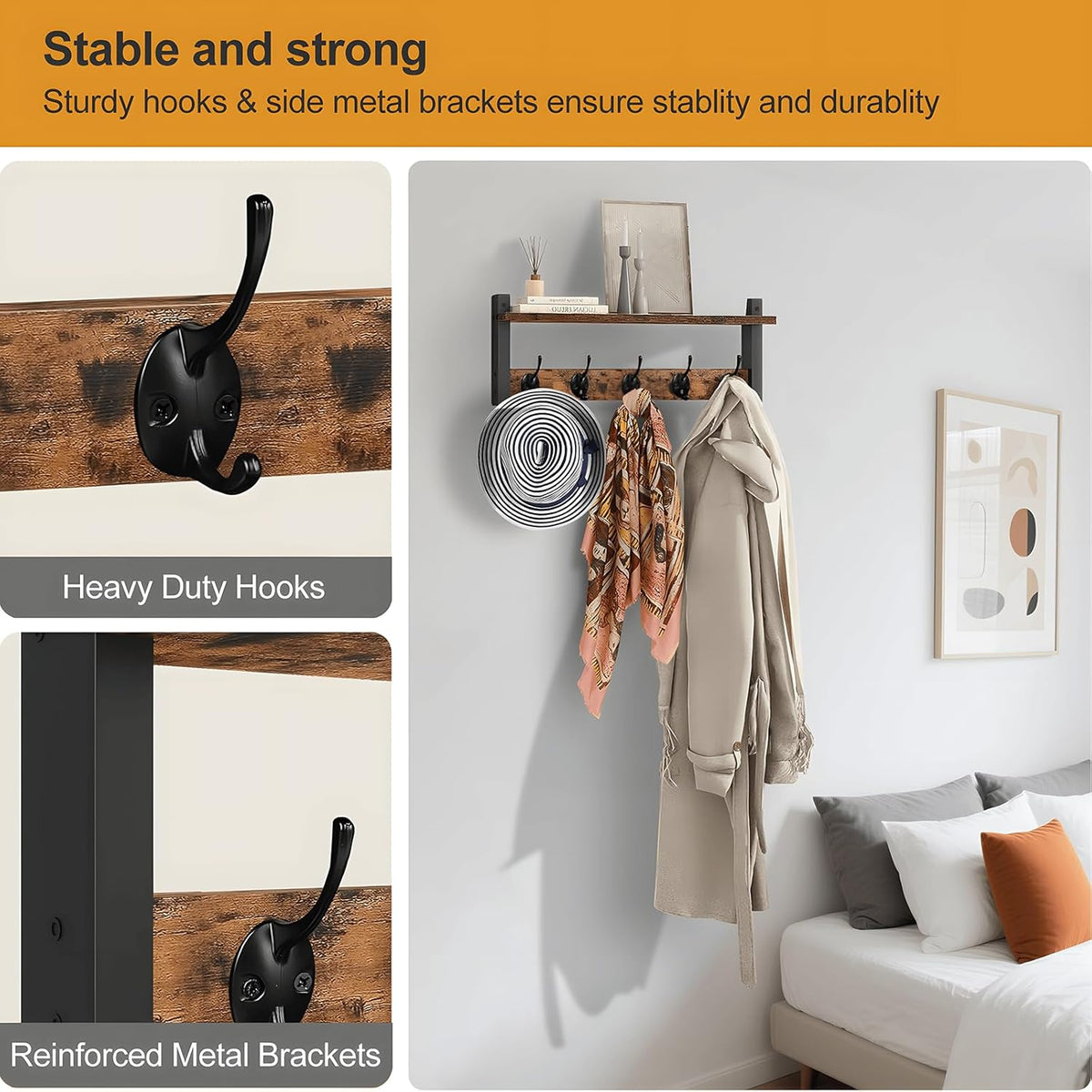 Wall-Mounted Coat Rack with Shelf and 5 Metal Hooks - Ravora