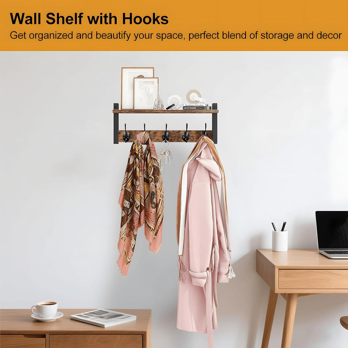 Wall-Mounted Coat Rack with Shelf and 5 Metal Hooks - Ravora