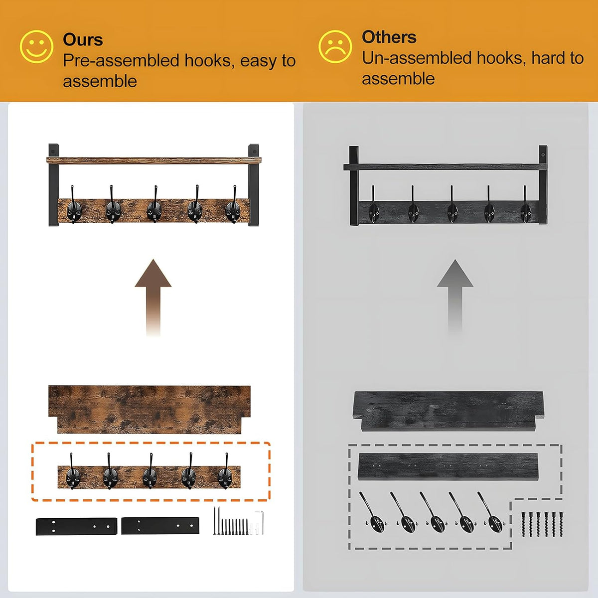 Wall-Mounted Coat Rack with Shelf and 5 Metal Hooks - Ravora