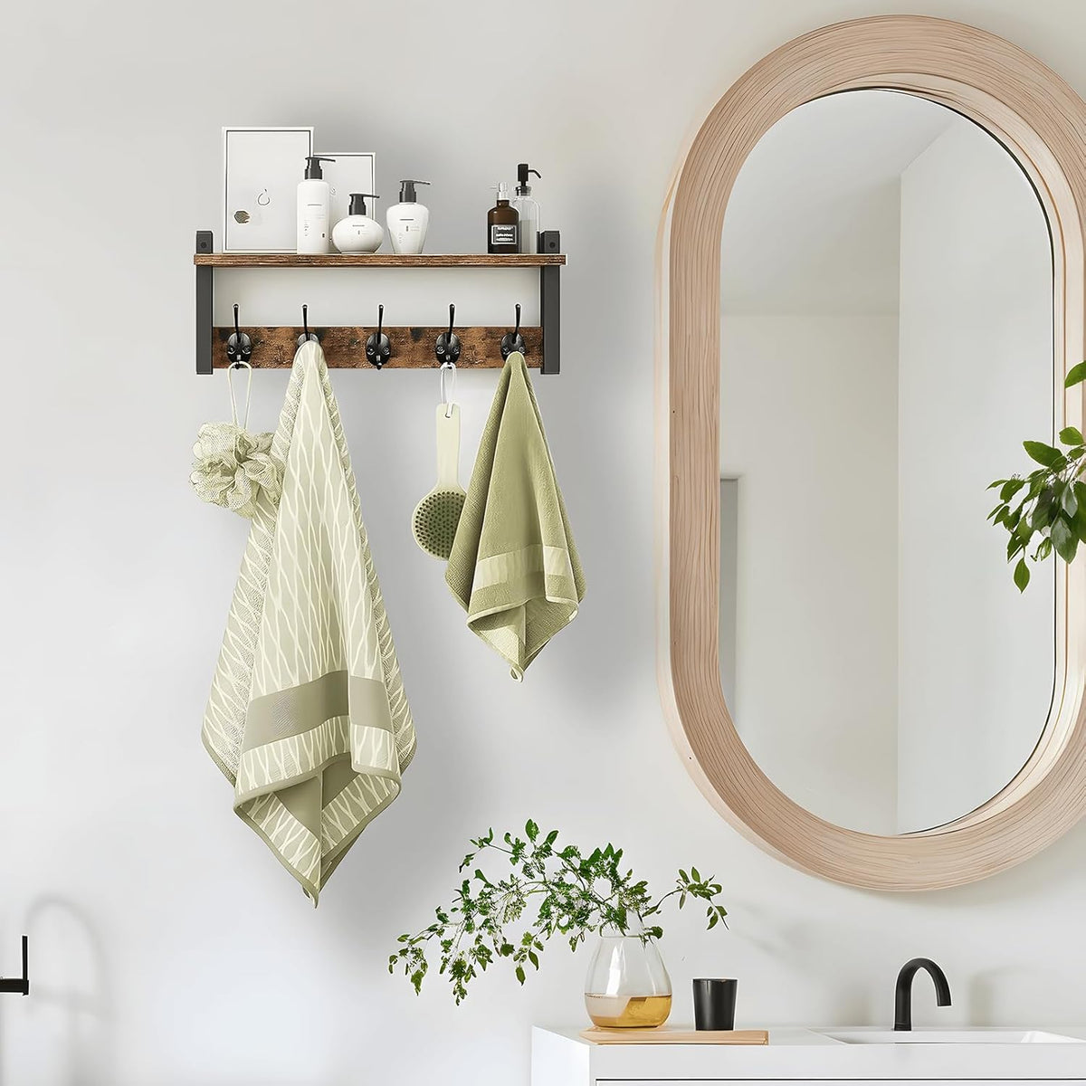 Wall-Mounted Coat Rack with Shelf and 5 Metal Hooks - Ravora