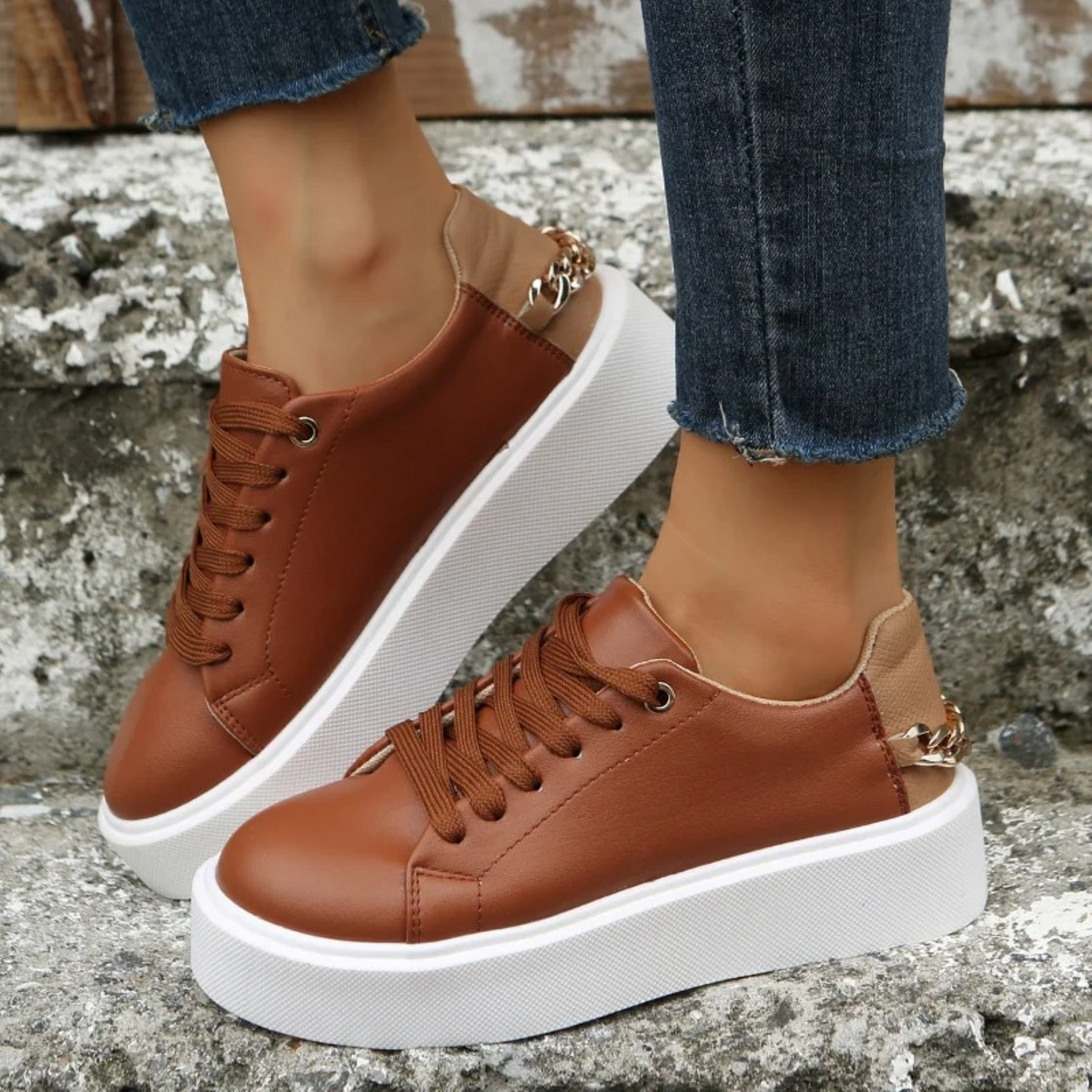 White Sneakers with Metallic Chain