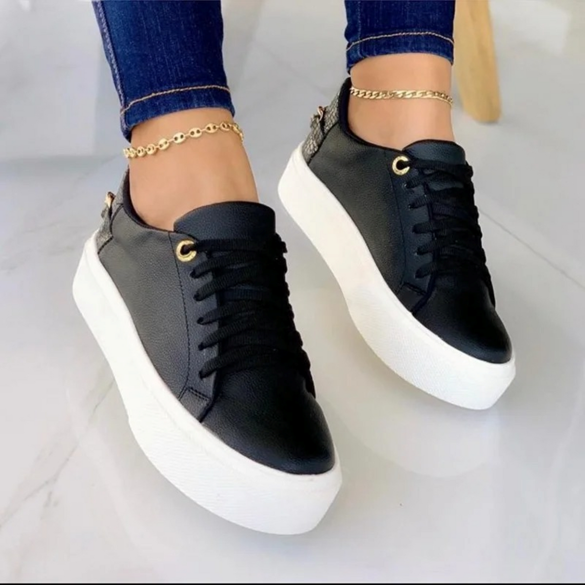 White Sneakers with Metallic Chain