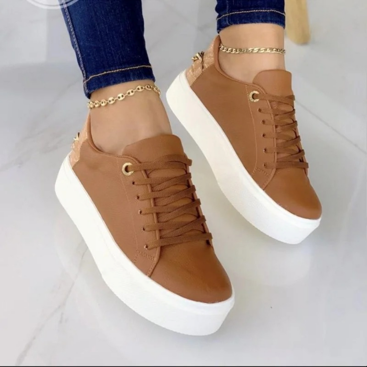 White Sneakers with Metallic Chain