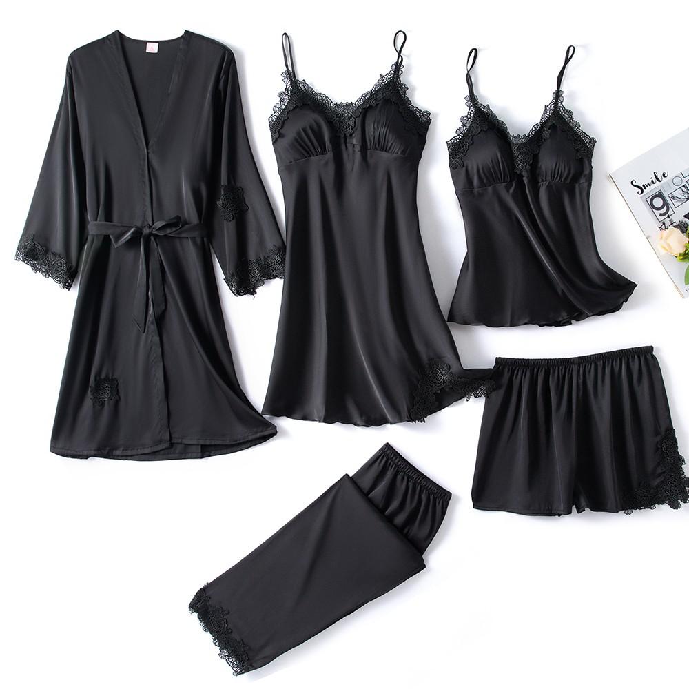 Women's 5-Piece Satin Sleep Set with Lace – Amara