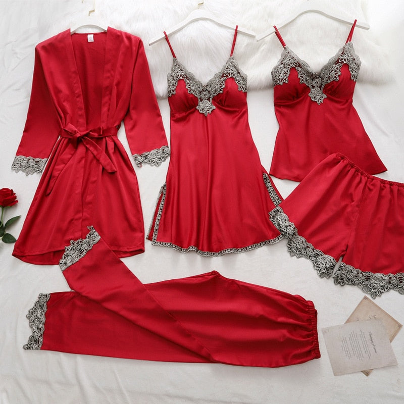 Women's 5-Piece Satin Sleep Set with Lace – Amara