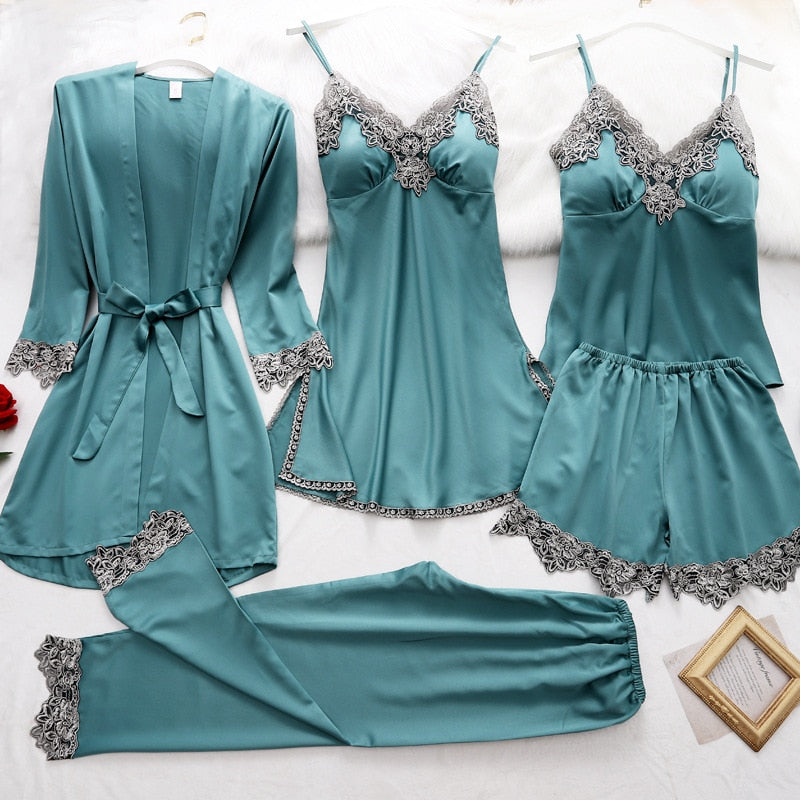 Women's 5-Piece Satin Sleep Set with Lace – Amara
