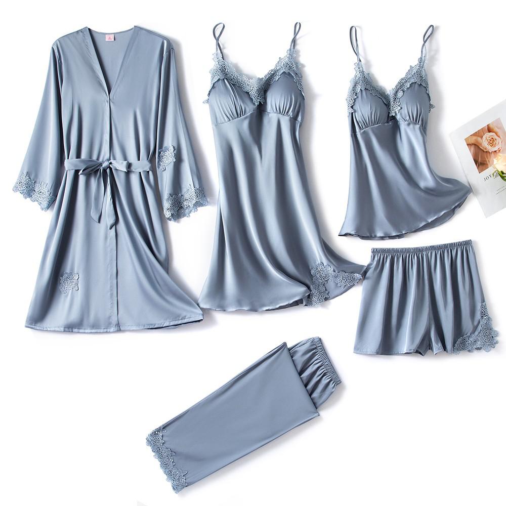 Women's 5-Piece Satin Sleep Set with Lace – Amara