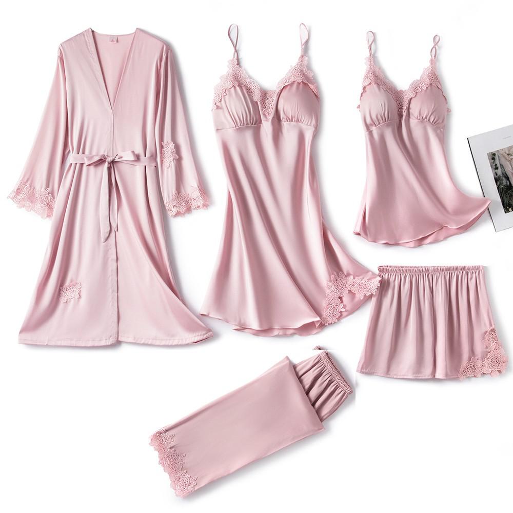 Women's 5-Piece Satin Sleep Set with Lace – Amara