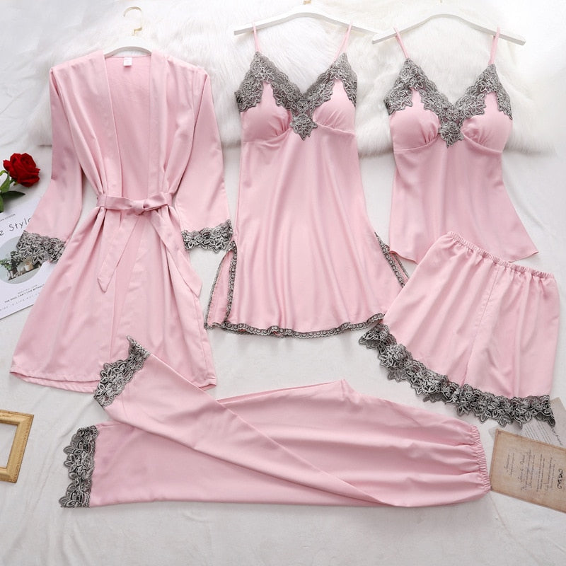 Women's 5-Piece Satin Sleep Set with Lace – Amara