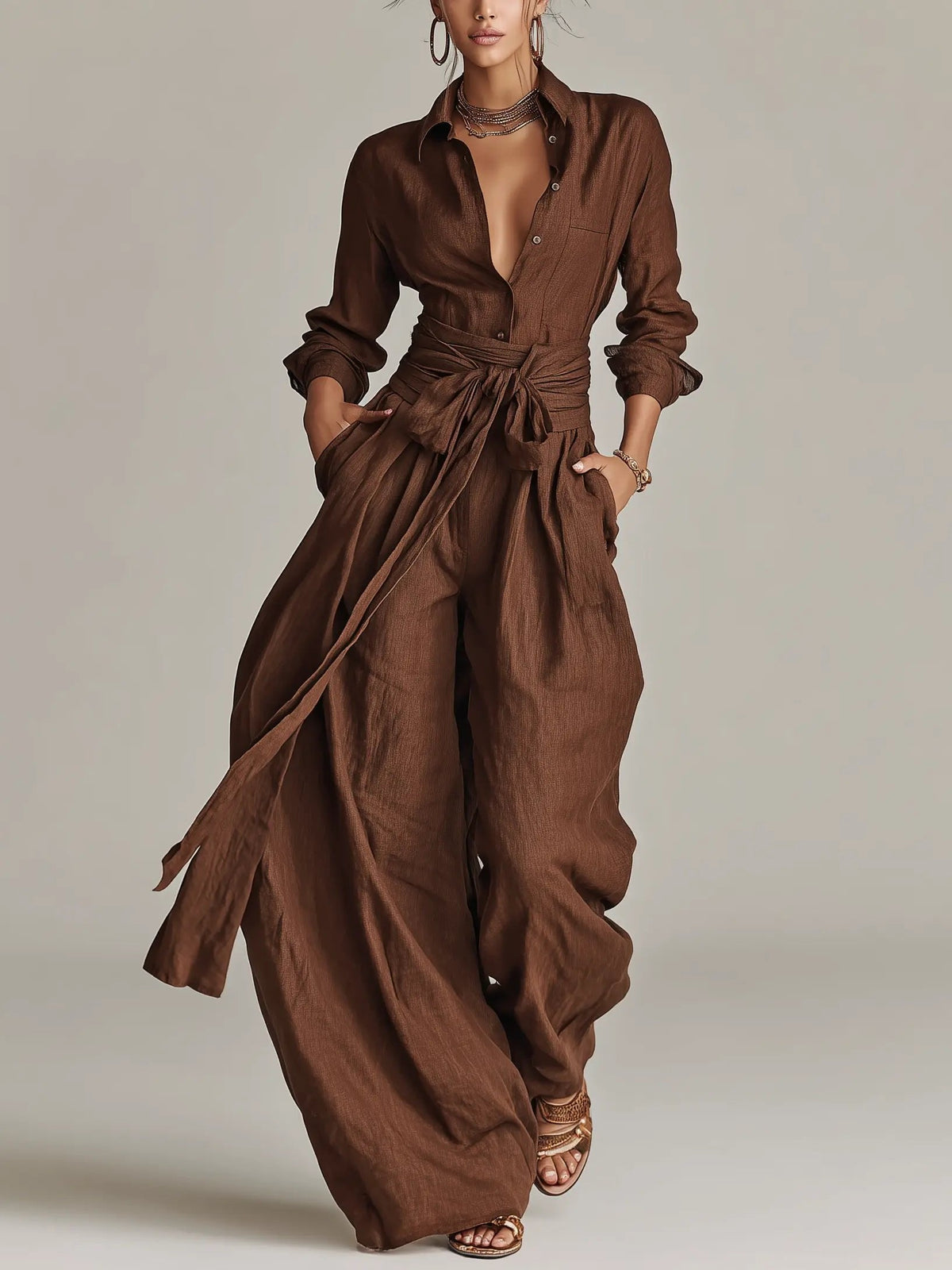 Women's Belted Long-Sleeve Shirt Collar Jumpsuit