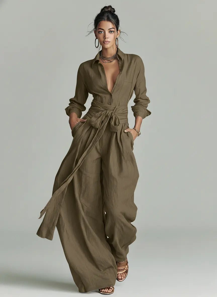 Women's Belted Long-Sleeve Shirt Collar Jumpsuit