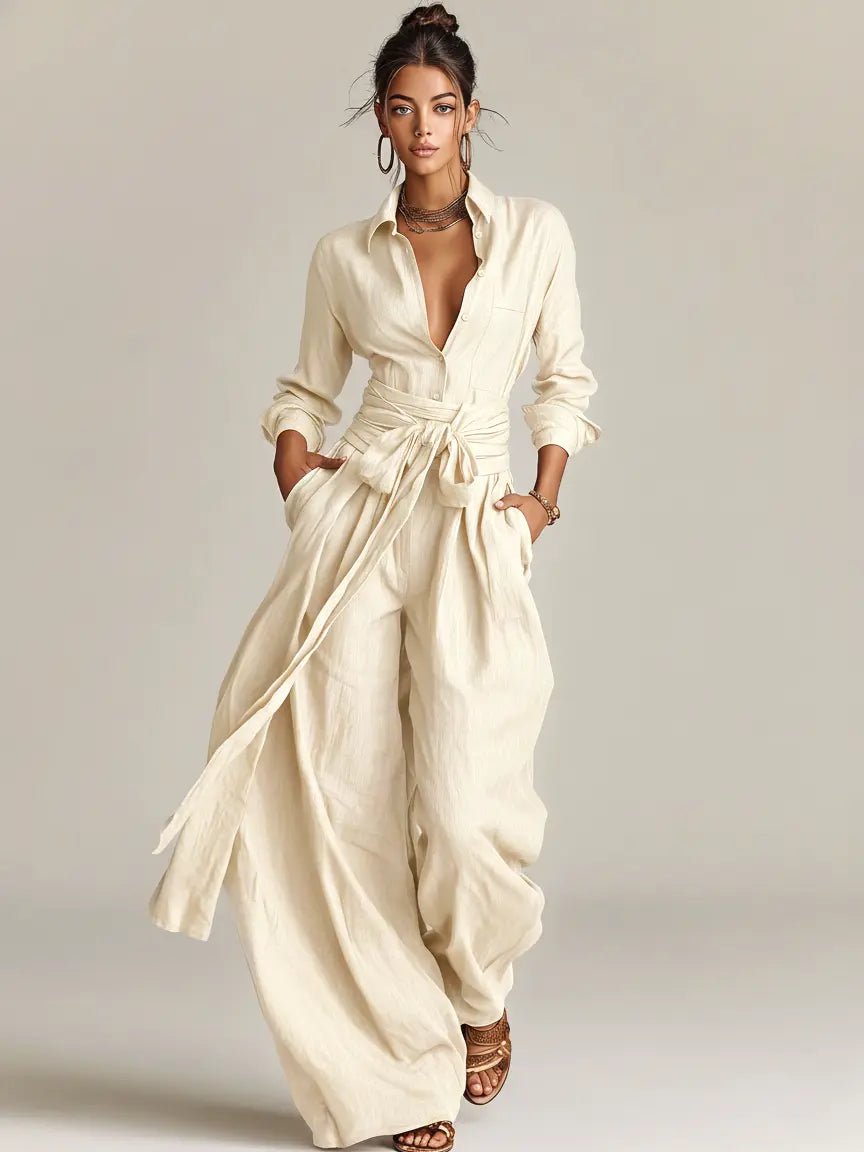 Women's Belted Long-Sleeve Shirt Collar Jumpsuit