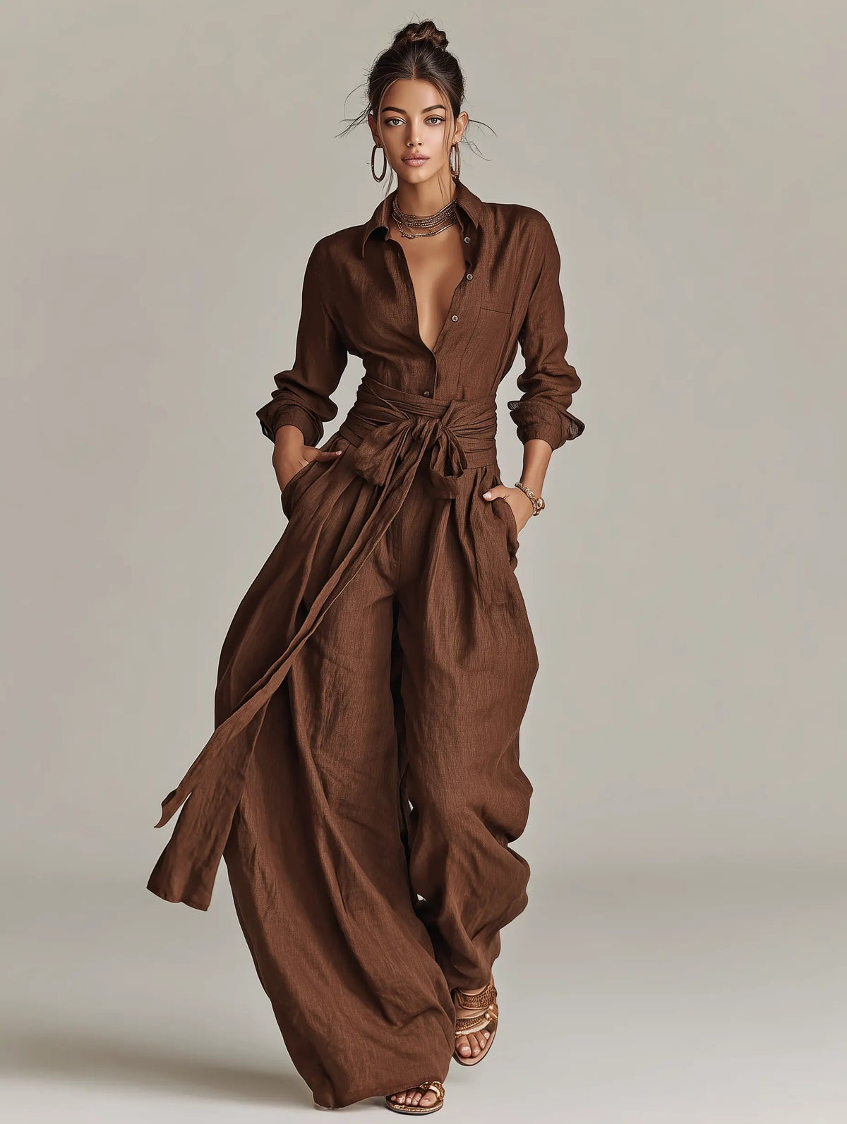 Women's Belted Long-Sleeve Shirt Collar Jumpsuit