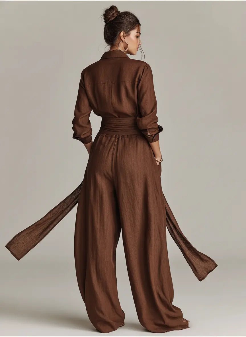 Women's Belted Long-Sleeve Shirt Collar Jumpsuit