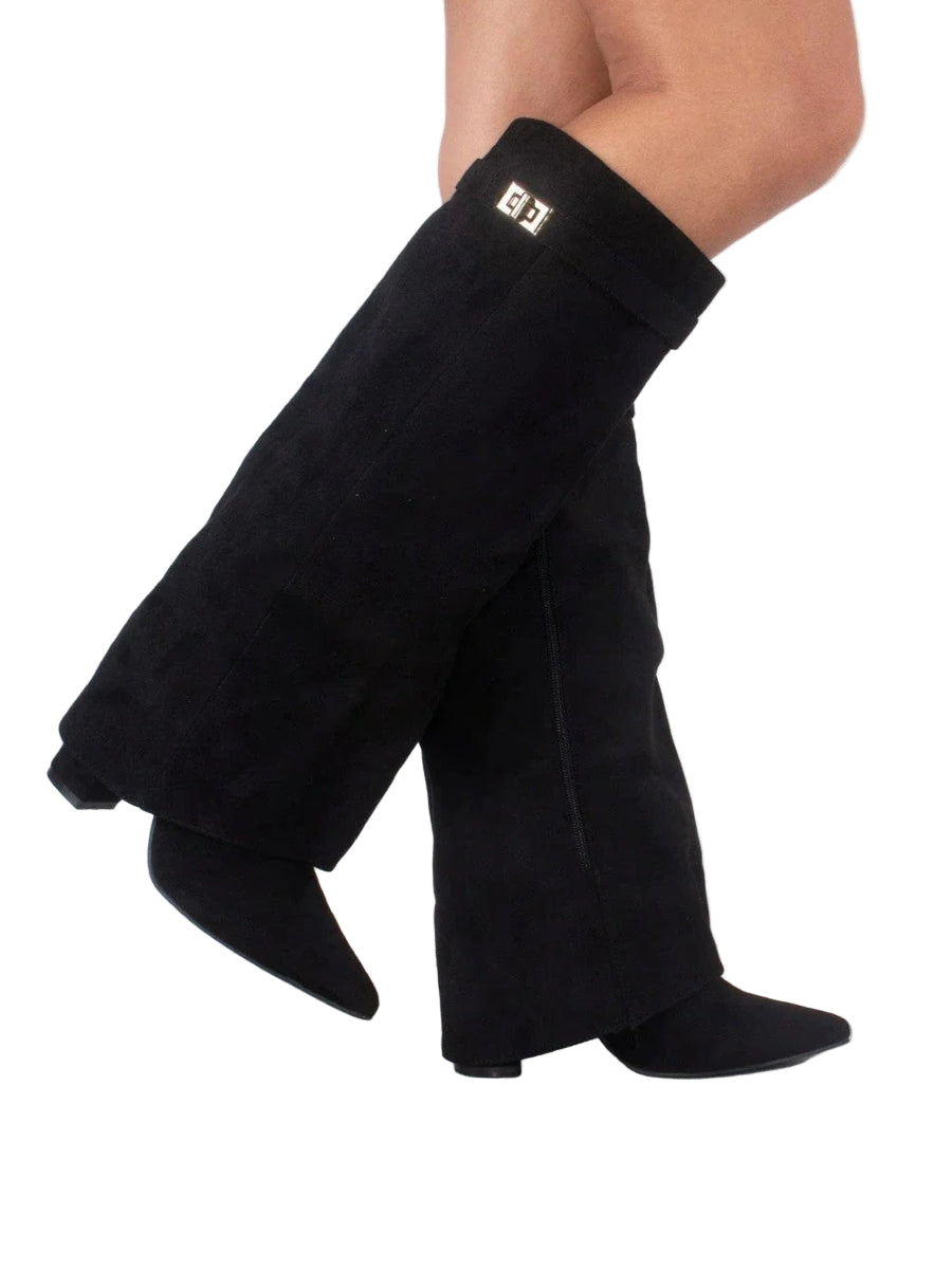 Women's Black Knee-High Boots with Gold Details