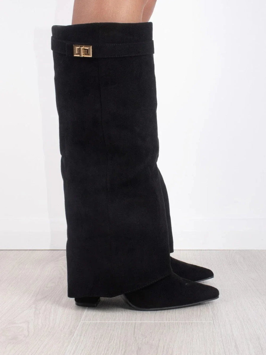 Women's Black Knee-High Boots with Gold Details