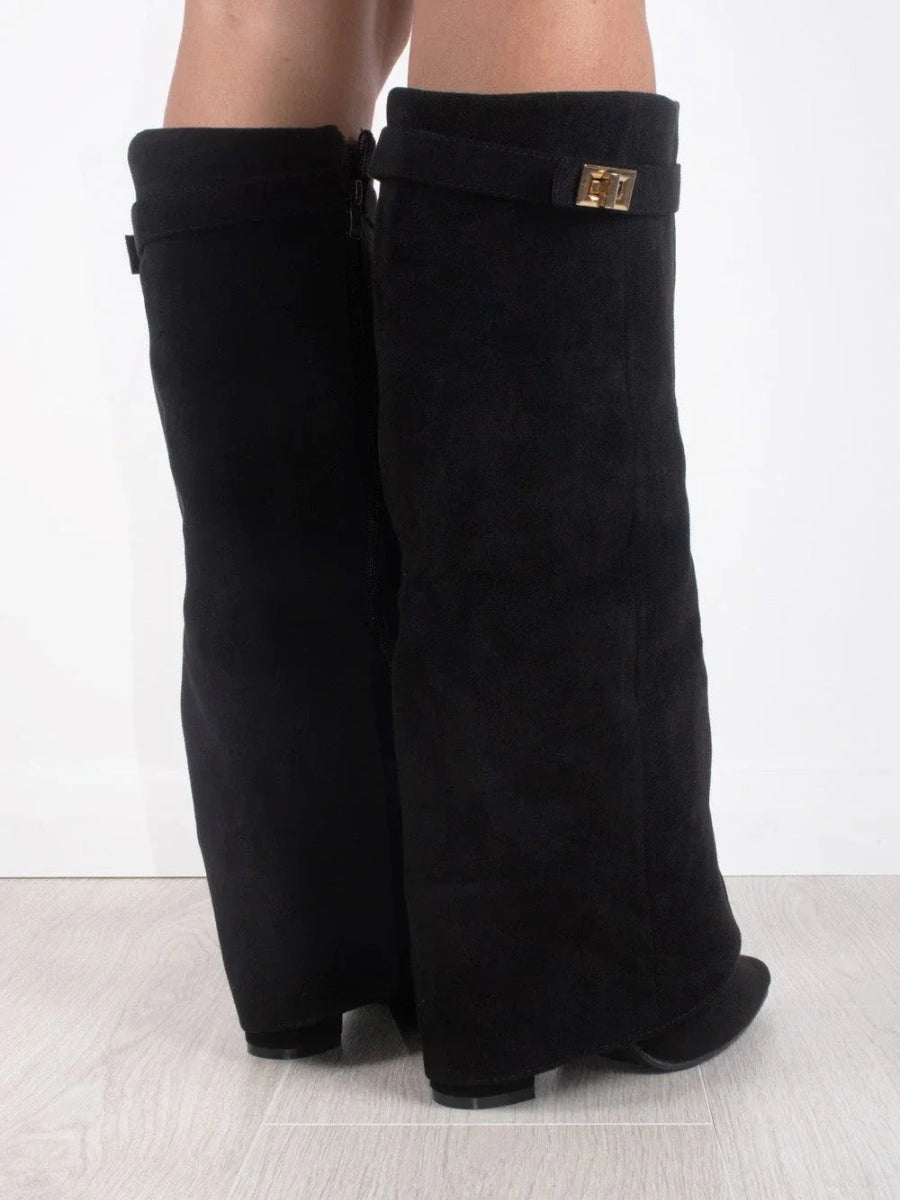 Women's Black Knee-High Boots with Gold Details
