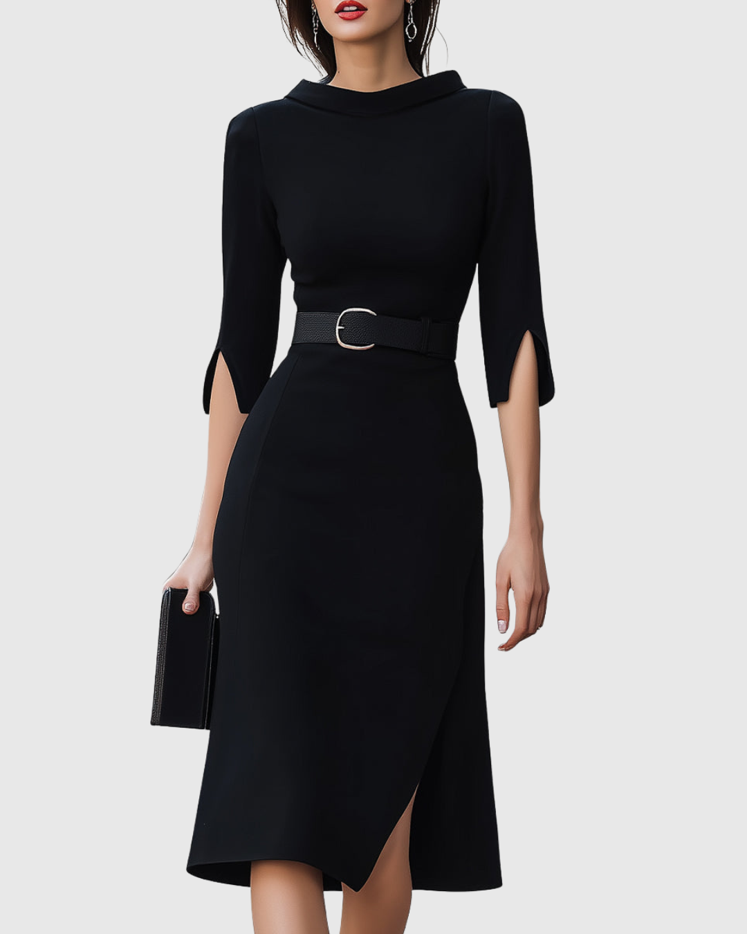 Women's Black Midi Dress with Tailored Waist