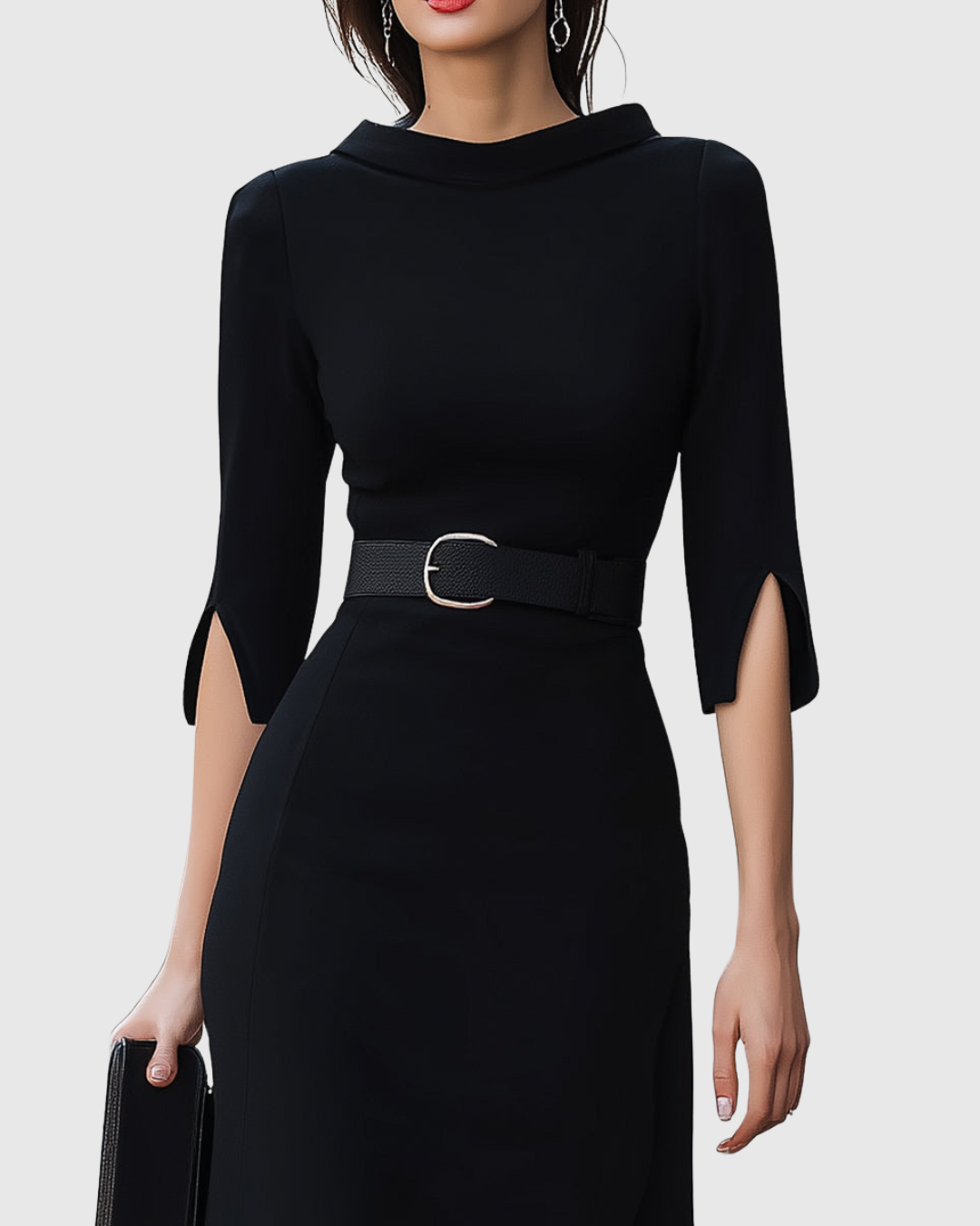 Women's Black Midi Dress with Tailored Waist