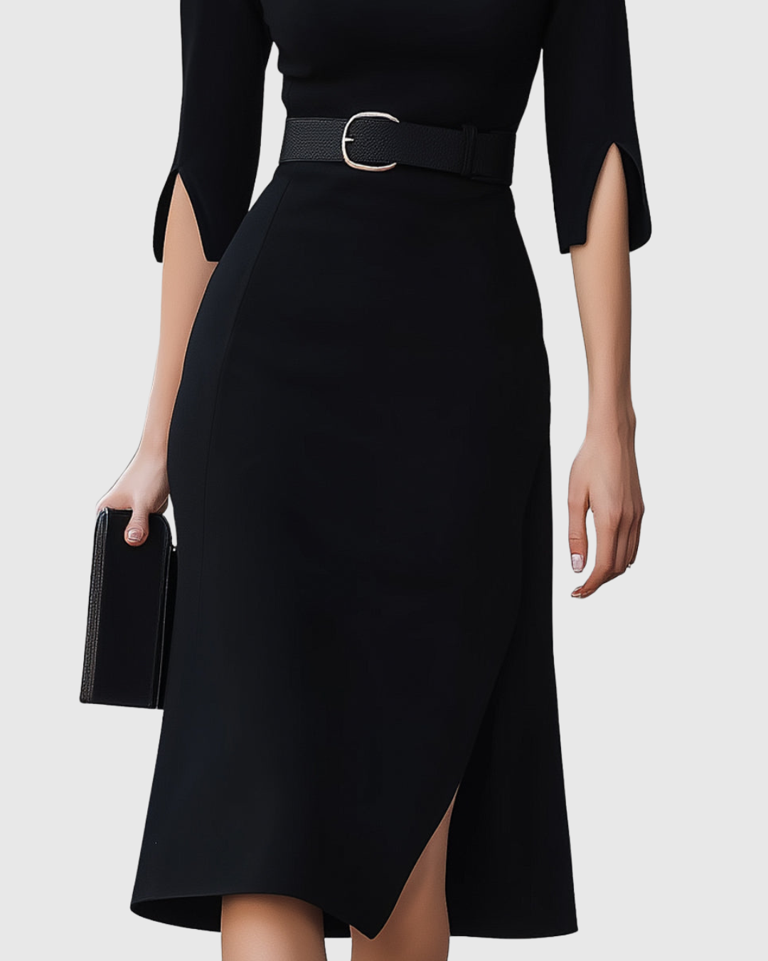 Women's Black Midi Dress with Tailored Waist