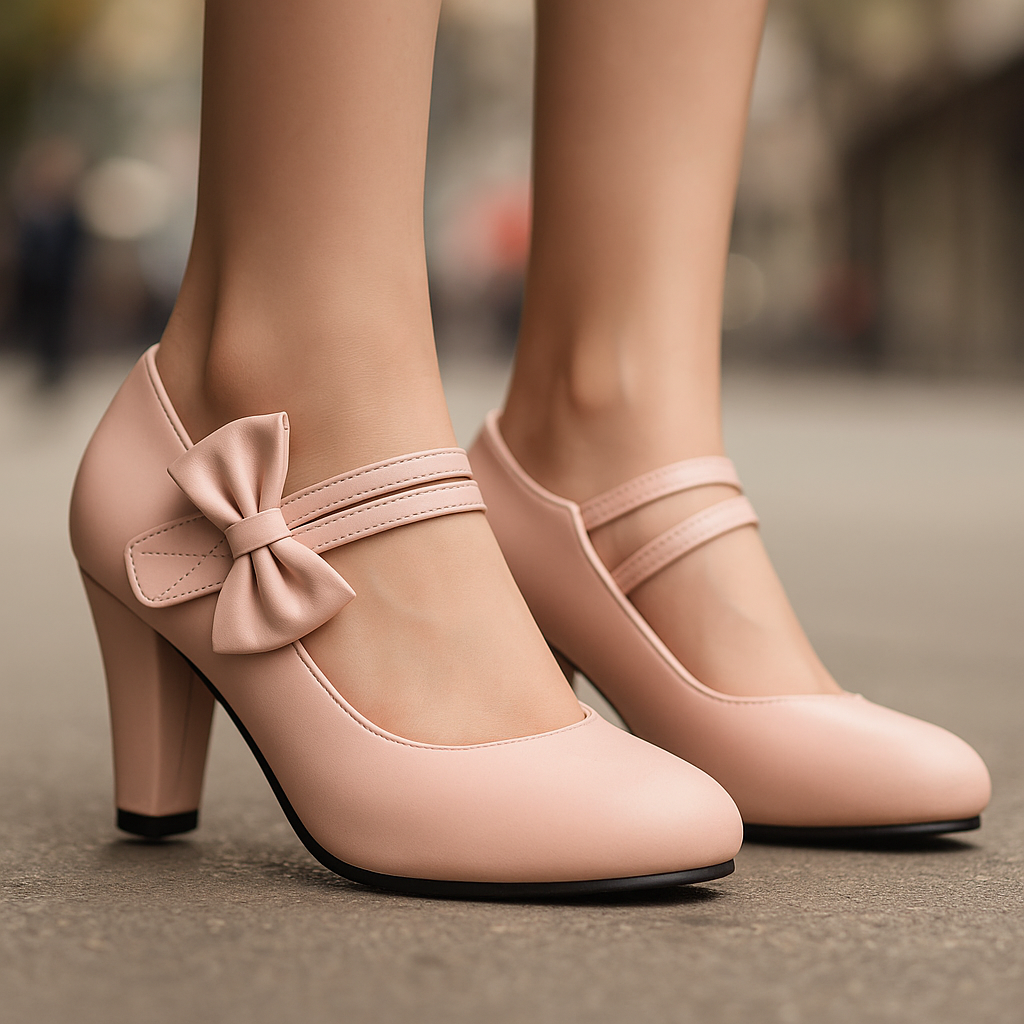 Women's Block Heel Pumps with Bow Accent