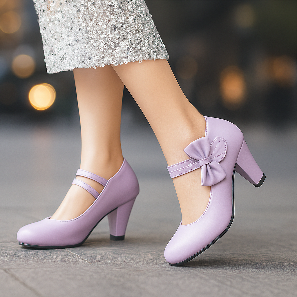 Women's Block Heel Pumps with Bow Accent