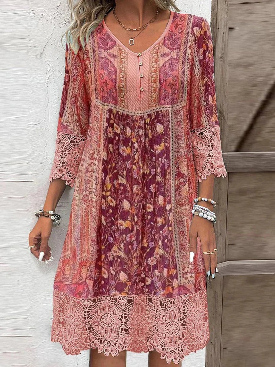 Women's Bohemian Floral-Trim V-Neck Tunic Dress