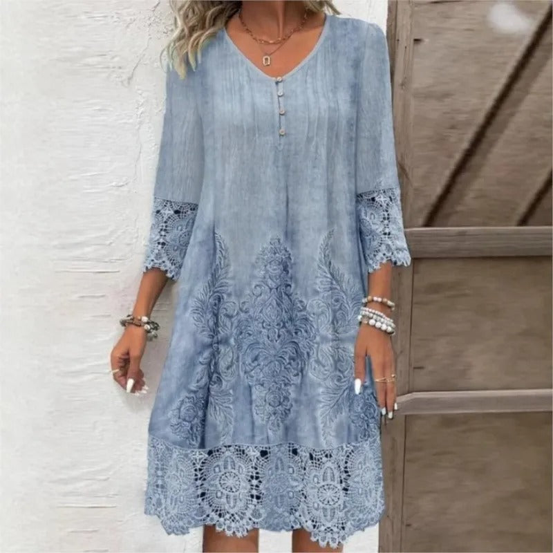 Women's Bohemian Floral-Trim V-Neck Tunic Dress