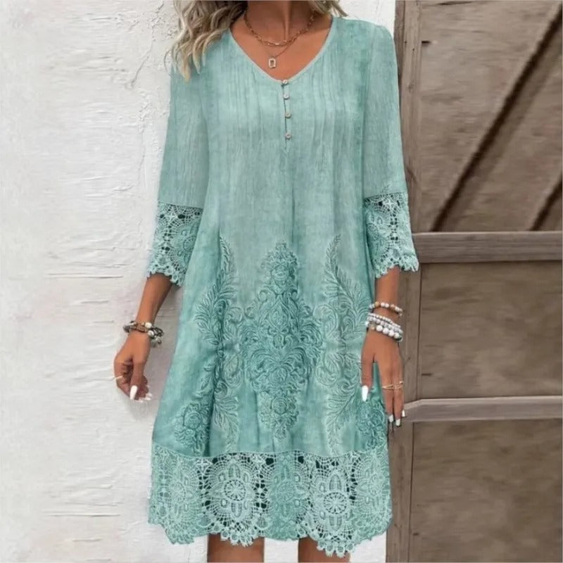 Women's Bohemian Floral-Trim V-Neck Tunic Dress