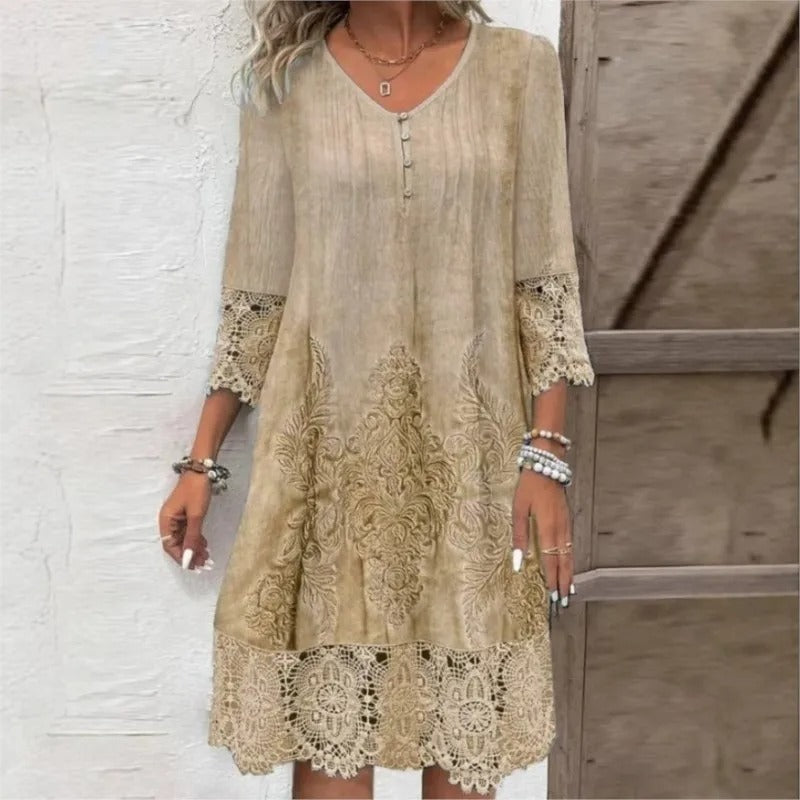 Women's Bohemian Floral-Trim V-Neck Tunic Dress