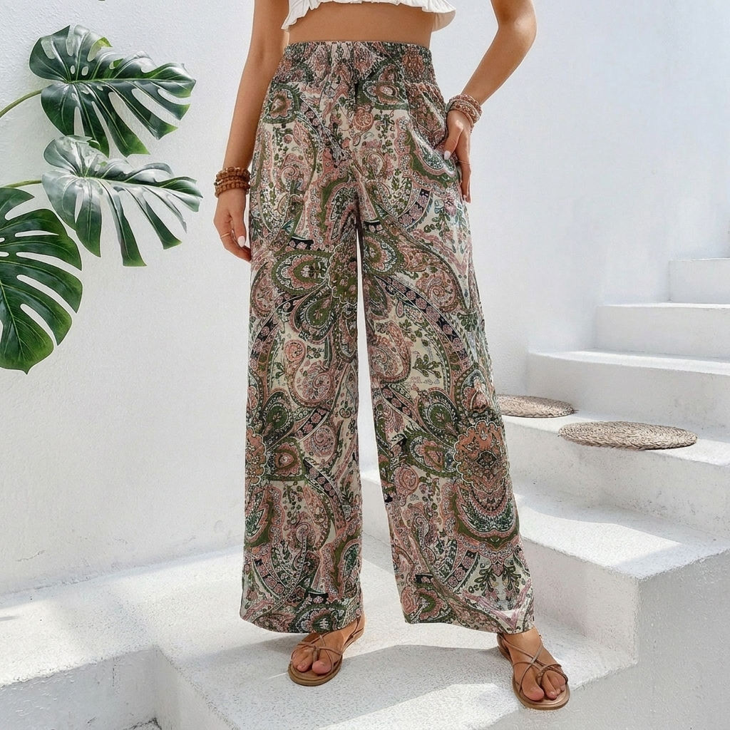 Women's Bohemian Wide-Leg Trousers with Slant Pockets