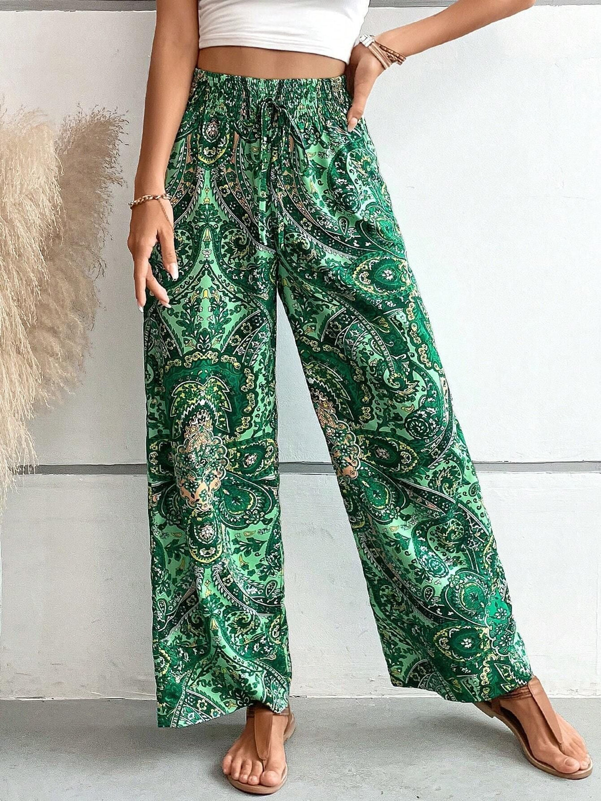 Women's Bohemian Wide-Leg Trousers with Slant Pockets