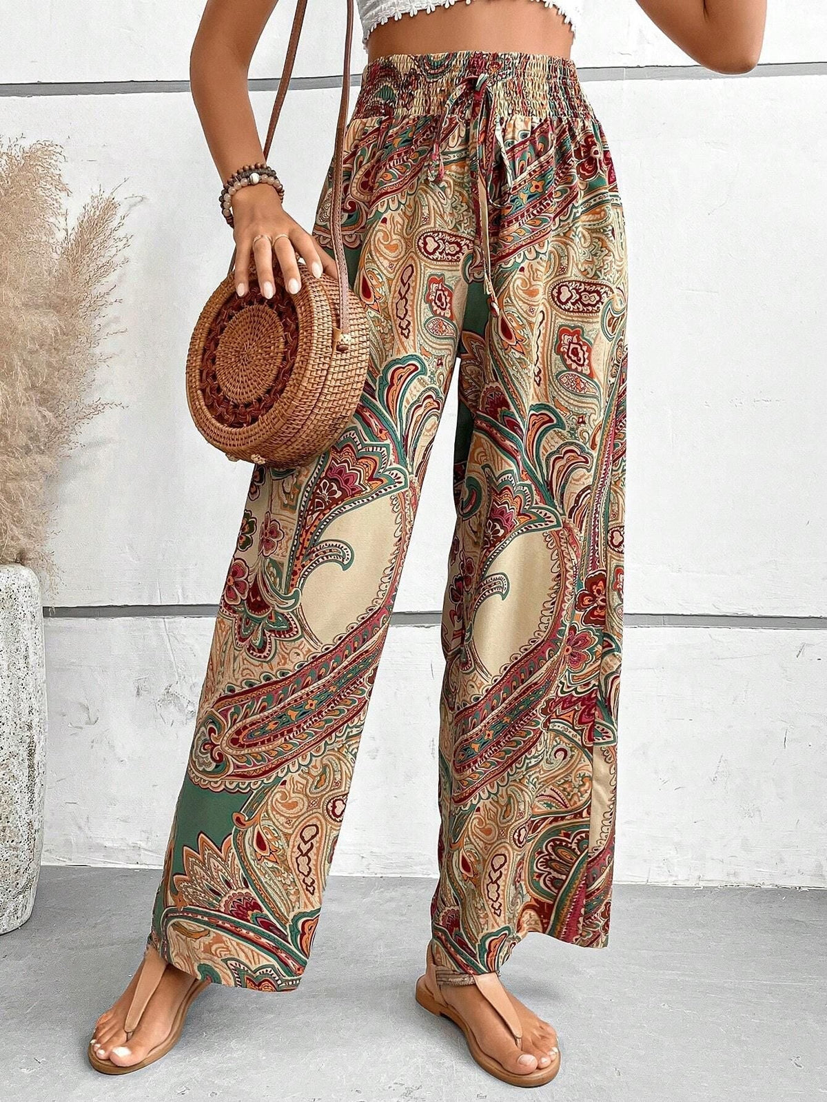 Women's Bohemian Wide-Leg Trousers with Slant Pockets