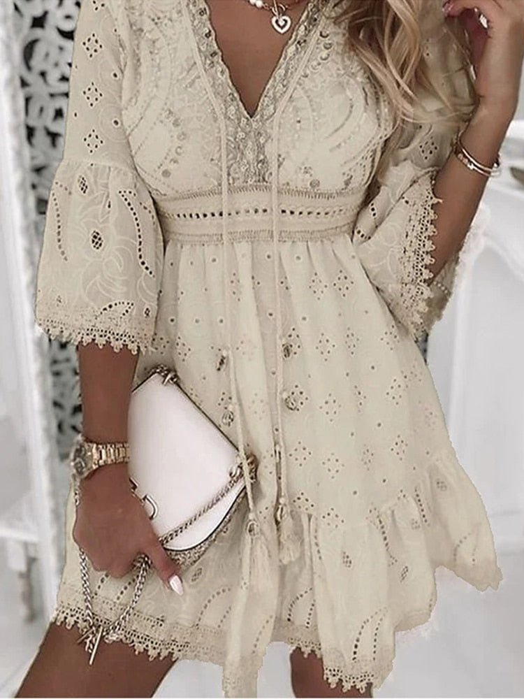 Women's Boho Eyelet V-Neck Mini Dress with Bell Sleeves