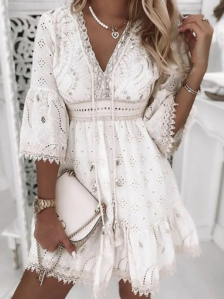 Women's Boho Eyelet V-Neck Mini Dress with Bell Sleeves