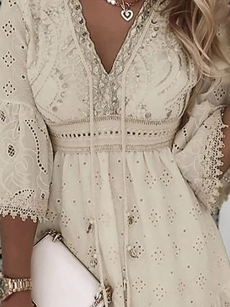 Women's Boho Eyelet V-Neck Mini Dress with Bell Sleeves