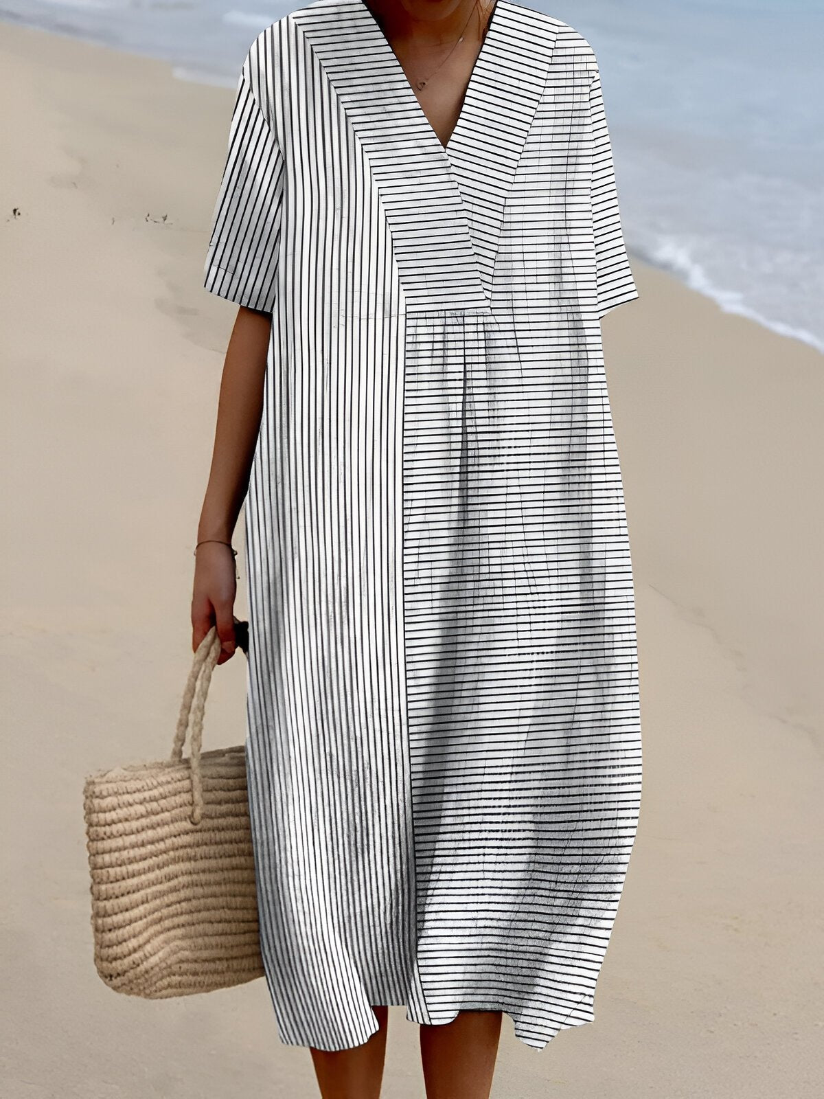 Women's Boho V-Neck Short-Sleeve Relaxed Midi Dress