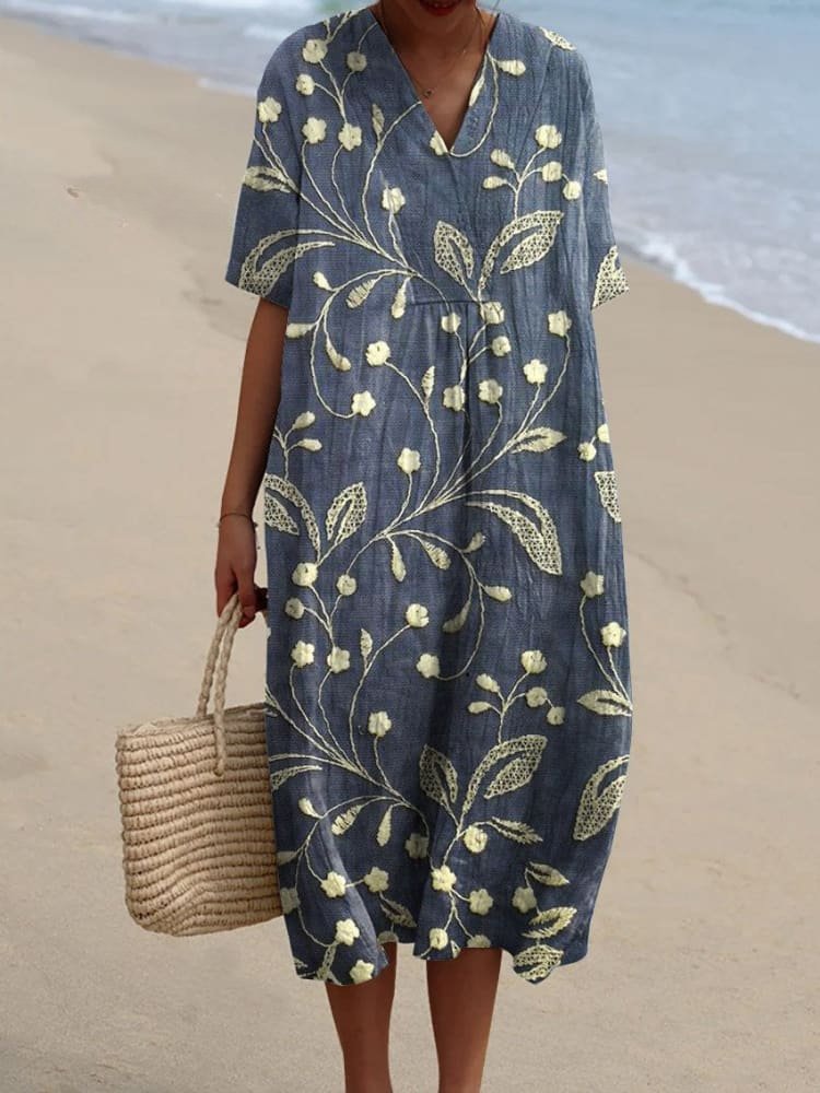 Women's Boho V-Neck Short-Sleeve Relaxed Midi Dress
