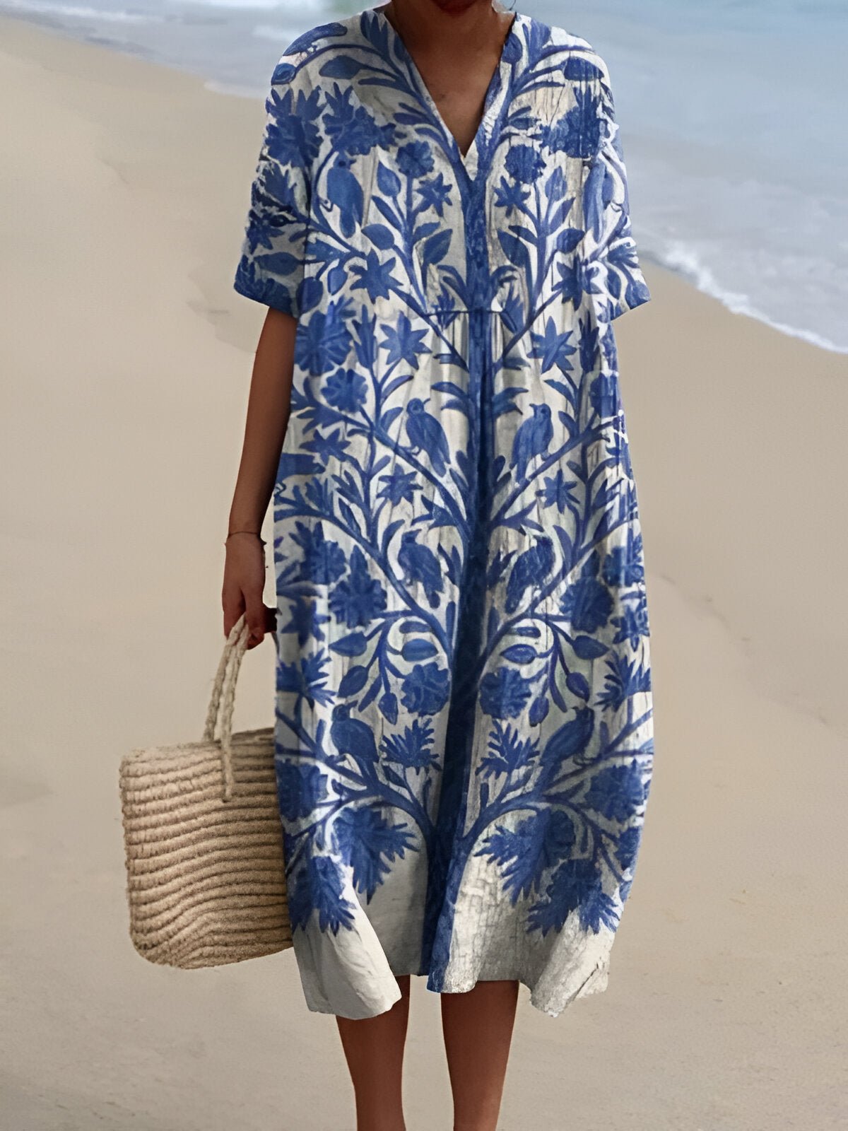 Women's Boho V-Neck Short-Sleeve Relaxed Midi Dress