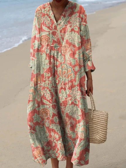 Women's Boho V-Neck Short-Sleeve Relaxed Midi Dress