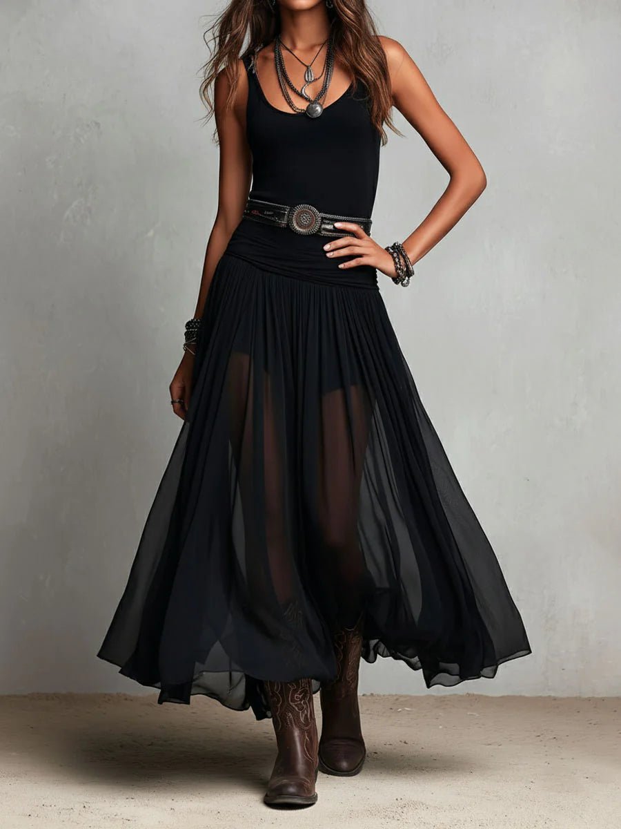 Women's Boho V-Neck Sleeveless Sheer Maxi Dress