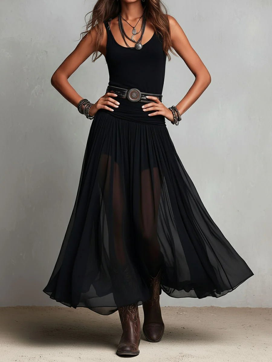 Women's Boho V-Neck Sleeveless Sheer Maxi Dress