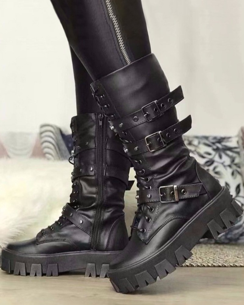 Women's Boots with Zipper and Buckles