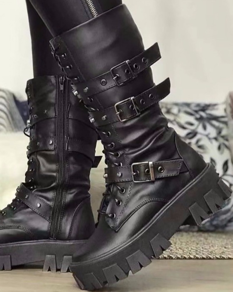 Women's Boots with Zipper and Buckles