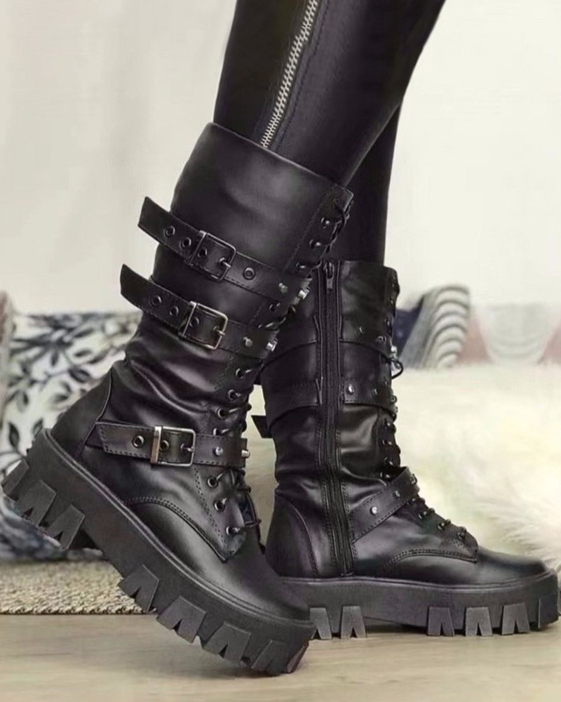 Women's Boots with Zipper and Buckles