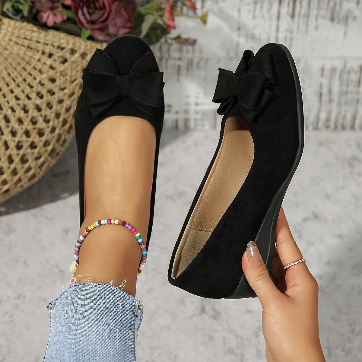 Women's Bow Detail Round Toe Slip-On Wedge Ballet Flats