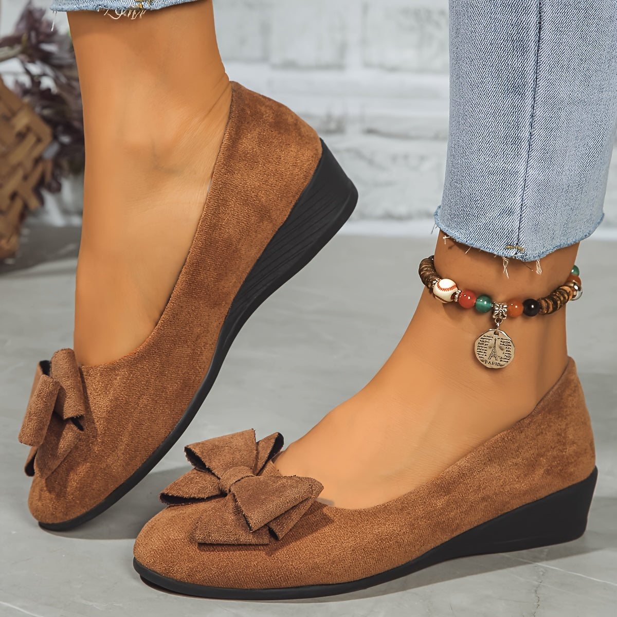 Women's Bow Detail Round Toe Slip-On Wedge Ballet Flats