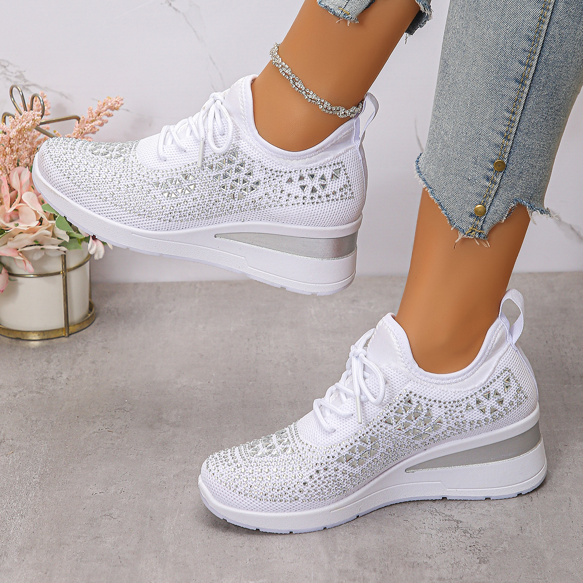 Women's Breathable Wedge Heel Sneakers with Rhinestones