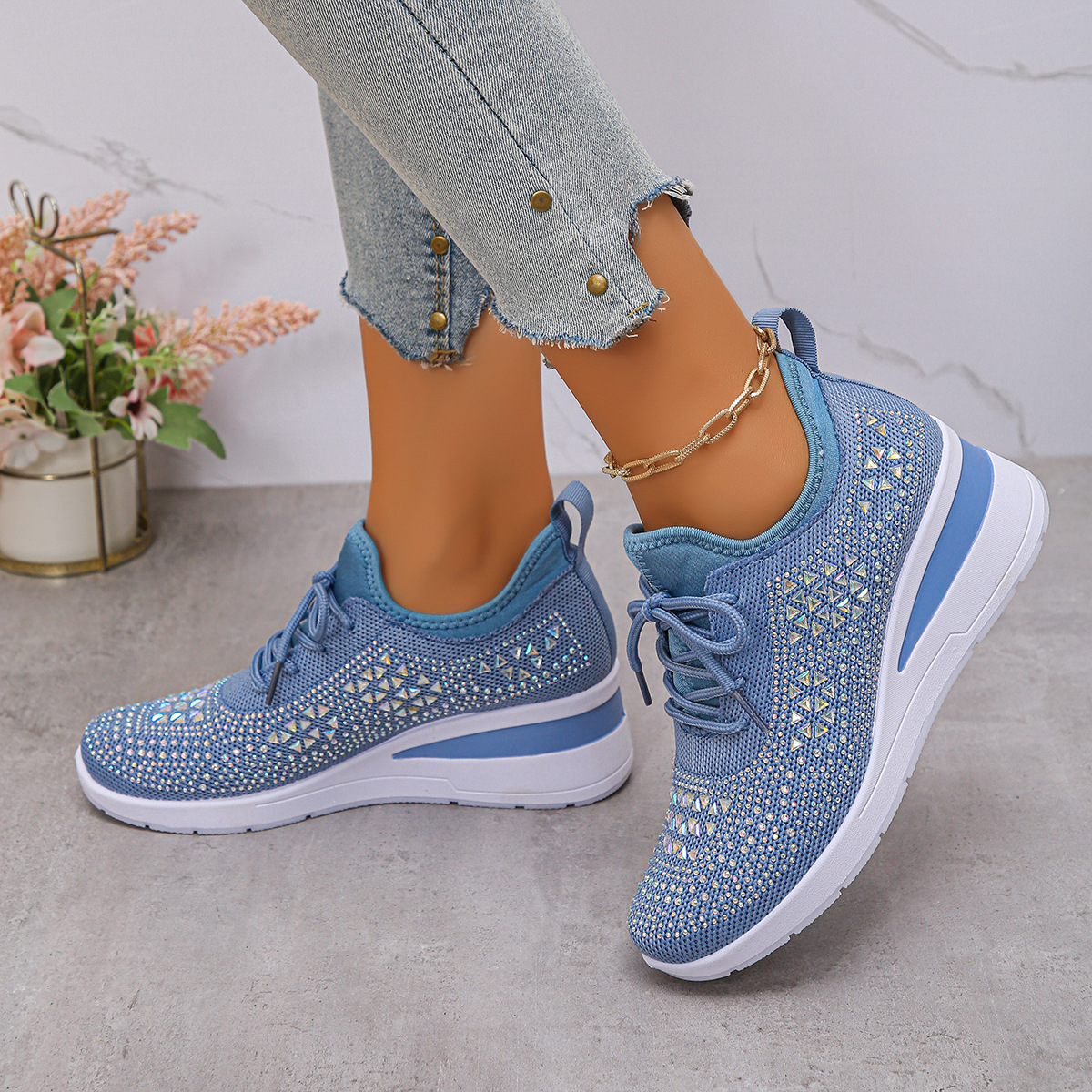 Women's Breathable Wedge Heel Sneakers with Rhinestones
